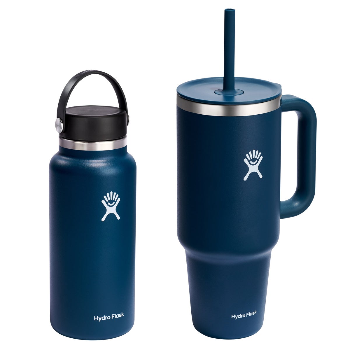 A Hydro Flask set in blue featuring an insulated water bottle with a black handle and an insulated tumbler with a handle and straw lid. Both items have the Hydro Flask logo.