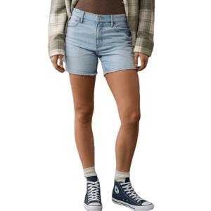 High-waisted light blue denim shorts with a raw hem, fitted style, and classic five-pocket design.