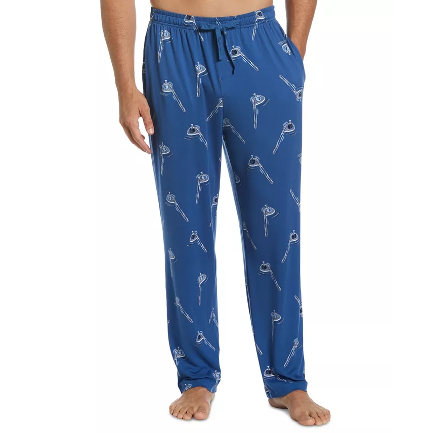 Blue pajama pants with a drawstring waist, featuring a pattern of keys.