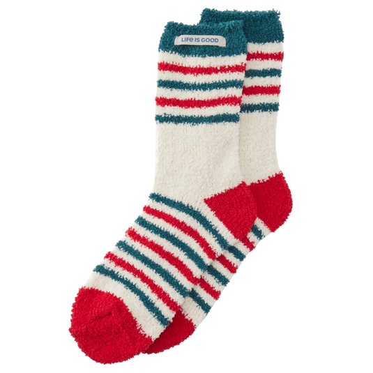 Fuzzy socks with red and teal stripes and a solid red heel and toe. A small patch on the top reads \“LIFE IS GOOD.\“