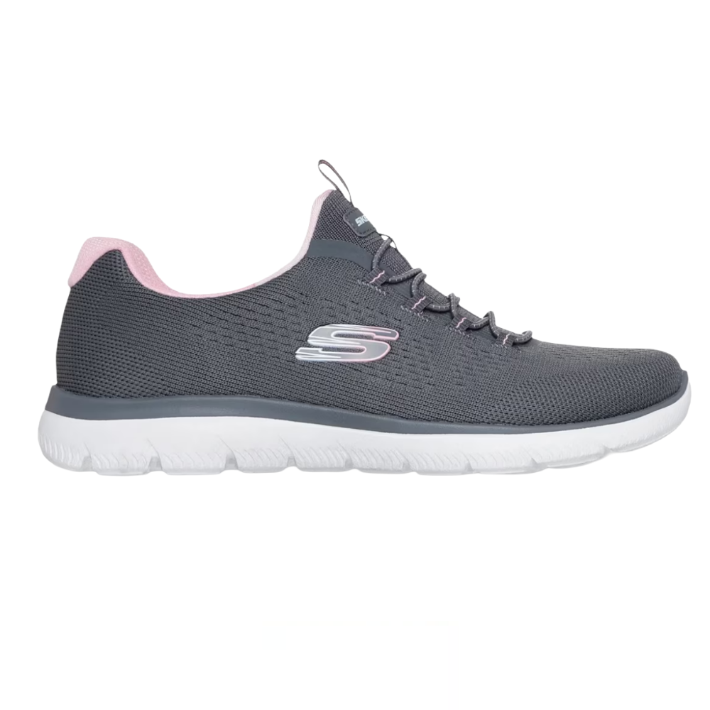 A gray athletic shoe with a white sole and pink accents, featuring a logo on the side.