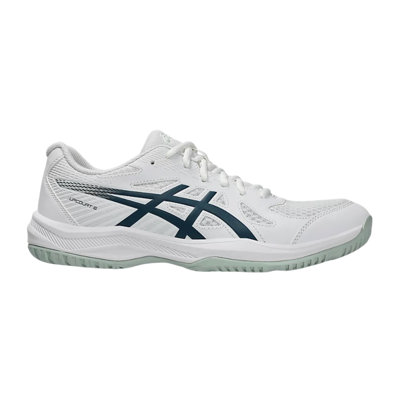 ASICS Upcourt 5 sports shoe in white with a navy blue logo, featuring a mesh upper for breathability and a textured sole for grip.