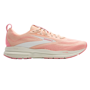 A pink Brooks running shoe with mesh upper material, featuring a white logo and cushioned sole.