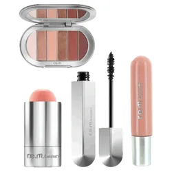 A collection of r.e.m. beauty products including an eyeshadow palette, blush stick, mascara, and lip gloss.