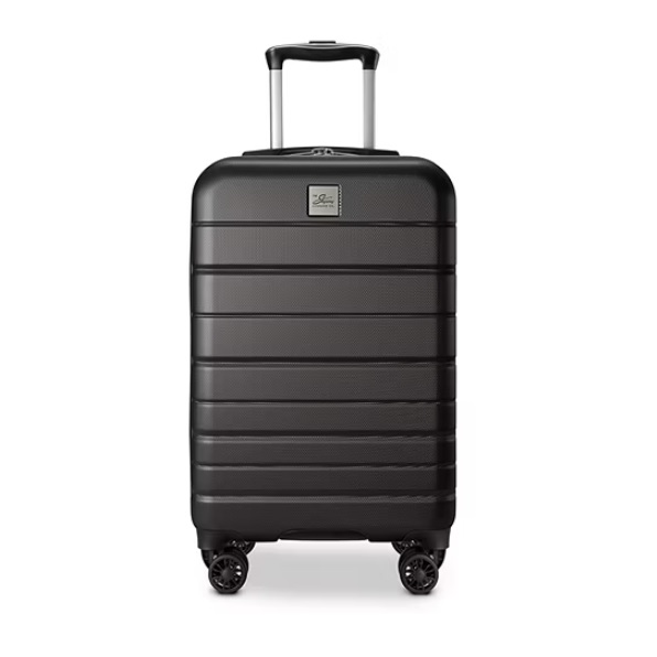 A black hard-shell carry-on suitcase with four spinner wheels and a telescopic handle.
