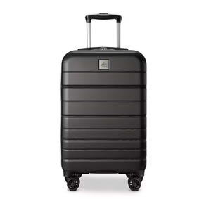 A black hard-shell carry-on suitcase with four spinner wheels and a telescopic handle.