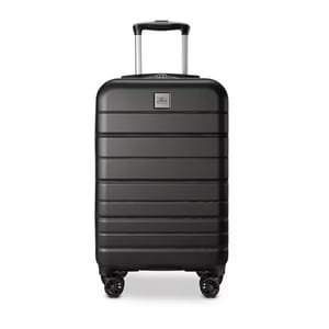A black hard-shell carry-on suitcase with four spinner wheels and a telescopic handle.