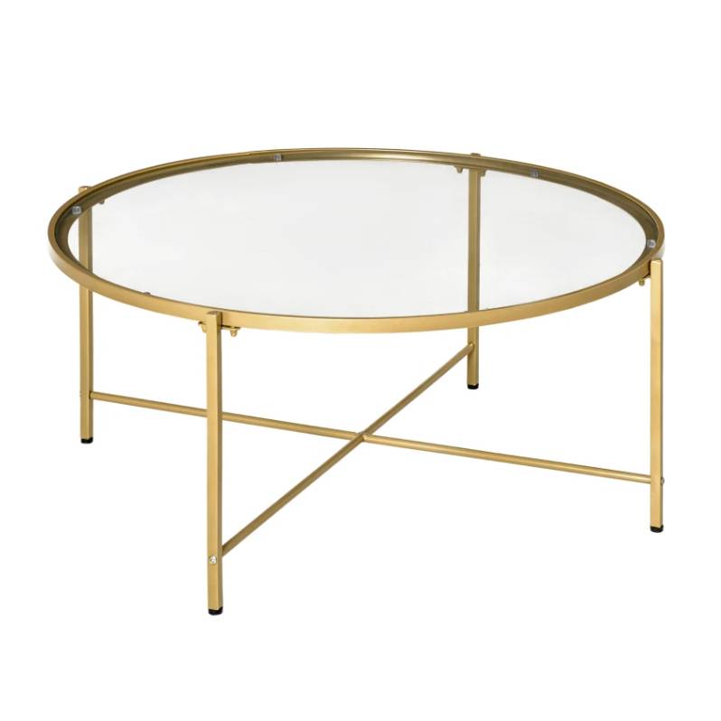 Round coffee table with a clear glass top and gold-finished metal frame, featuring a minimalist design with cross-brace support.