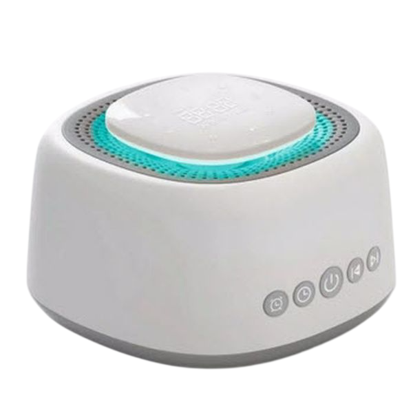 A white sound machine with a circular light, featuring buttons for power, volume, and settings, designed to help users relax or sleep.