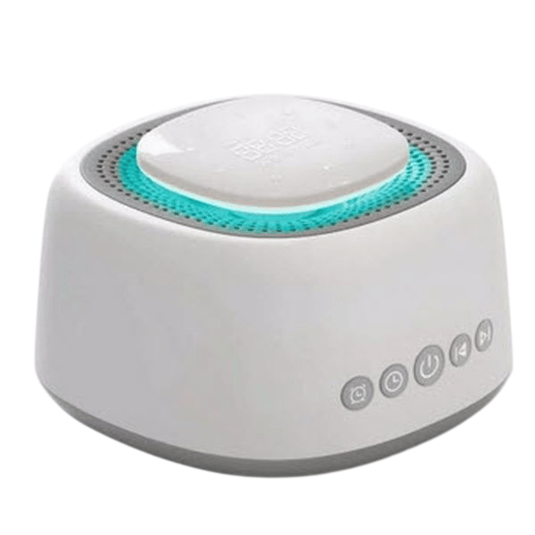 A white sound machine with a circular light, featuring buttons for power, volume, and settings, designed to help users relax or sleep.