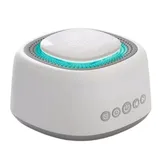 A white sound machine with a circular light, featuring buttons for power, volume, and settings, designed to help users relax or sleep.
