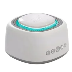 A white sound machine with a circular light, featuring buttons for power, volume, and settings, designed to help users relax or sleep.