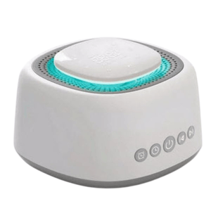 A white sound machine with a circular light, featuring buttons for power, volume, and settings, designed to help users relax or sleep.
