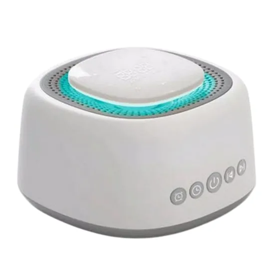 A white sound machine with a circular light, featuring buttons for power, volume, and settings, designed to help users relax or sleep.