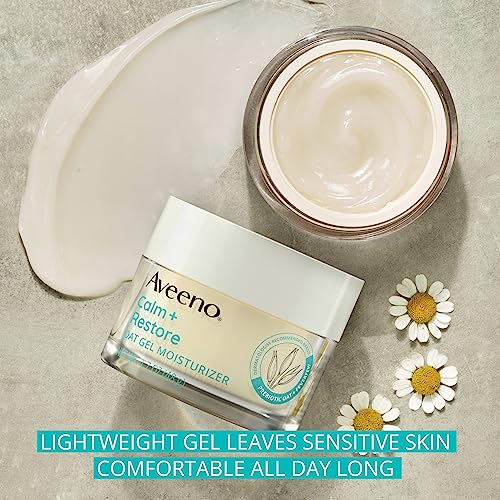 Aveeno Calm + Restore Oat Gel Moisturizer is shown alongside an open jar and chamomile flowers, highlighting its lightweight and calming formula for sensitive skin.