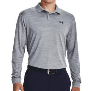Gray long-sleeve polo shirt with a subtle heathered pattern and a small logo on the chest. Paired with dark trousers and a belt.