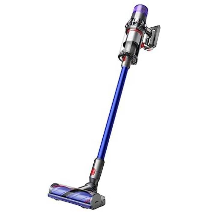 A cordless stick vacuum cleaner with a blue tube, featuring a motorized floor head and a handheld unit attached at the top.