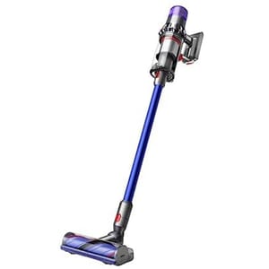 A cordless stick vacuum cleaner with a blue tube, featuring a motorized floor head and a handheld unit attached at the top.