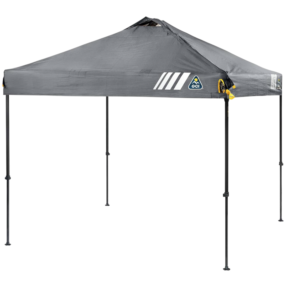 A gray pop-up canopy tent with a peaked roof and four adjustable legs, featuring white stripes and a logo with a mountain design.