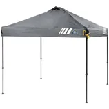 A gray pop-up canopy tent with a peaked roof and four adjustable legs, featuring white stripes and a logo with a mountain design.