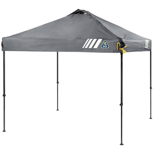 A gray pop-up canopy tent with a peaked roof and four adjustable legs, featuring white stripes and a logo with a mountain design.