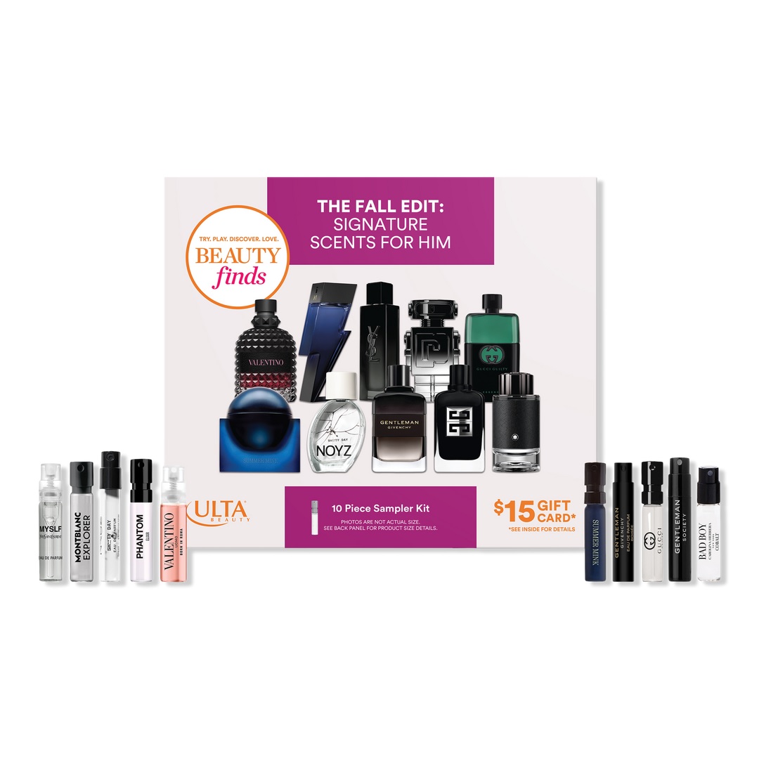 Perfume sampler kit featuring 10 men's fragrance vials, including brands like Valentino and Montblanc, plus a $15 gift card from Ulta Beauty. Designed for exploring signature scents.
