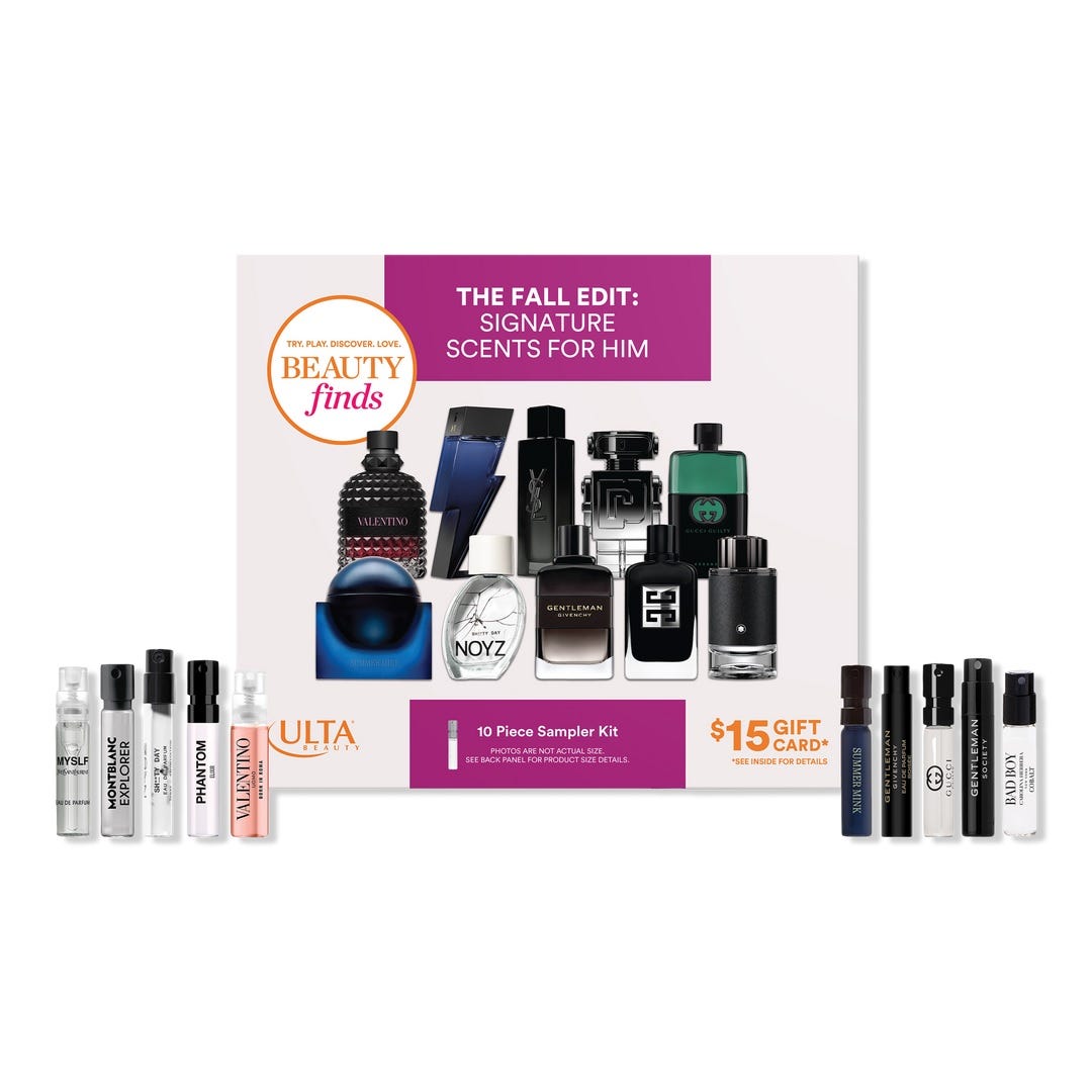 Perfume sampler kit featuring 10 men's fragrance vials, including brands like Valentino and Montblanc, plus a $15 gift card from Ulta Beauty. Designed for exploring signature scents.