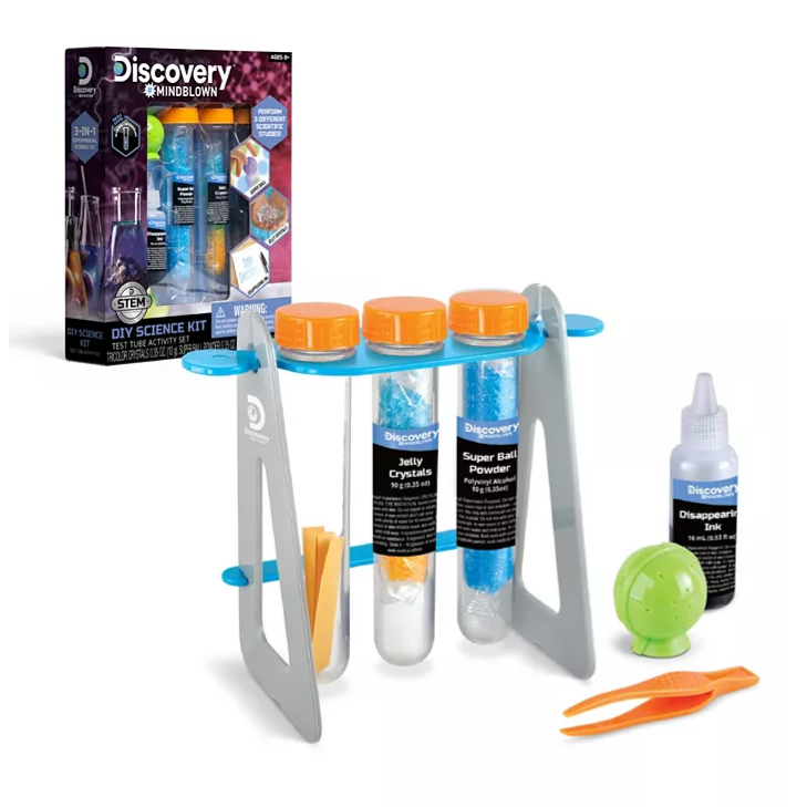 Discovery #Mindblown DIY Science Kit featuring test tubes with jelly crystals, super ball powder, and disappearing ink. Includes a test tube holder, dropper, and tweezers for hands-on experiments.