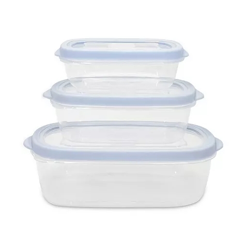 Three stackable, rectangular, clear plastic food storage containers with blue lids.