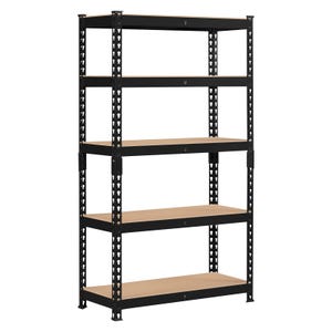 A five-tier black metal shelving unit with wooden shelves, suitable for storage and organization.
