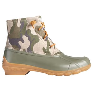 Sperry Syren Gulf Camo Duck Boots feature a camouflage fabric upper with green waterproof rubber lower, tan laces, and a durable brown sole, designed for wet conditions.