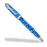A blue marbled fountain pen with a silver clip and band, featuring a sleek and artistic design.