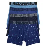 A set of five Spyder branded boxer briefs in various shades of blue, with one pair featuring a galaxy-inspired pattern.
