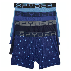 A set of five Spyder branded boxer briefs in various shades of blue, with one pair featuring a galaxy-inspired pattern.