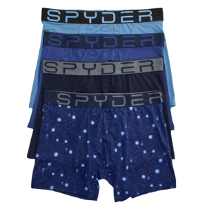 A set of five Spyder branded boxer briefs in various shades of blue, with one pair featuring a galaxy-inspired pattern.