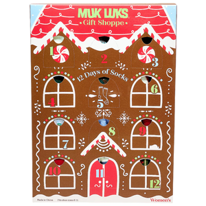 Muk Luks Gift Shoppe features a \“12 Days of Socks\“ advent calendar with numbered doors, designed like a gingerbread house. Suitable for women's shoe sizes 6-11.