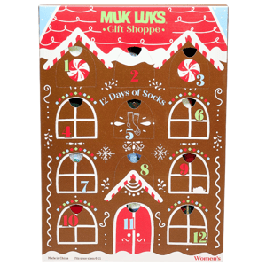Muk Luks Gift Shoppe features a \“12 Days of Socks\“ advent calendar with numbered doors, designed like a gingerbread house. Suitable for women's shoe sizes 6-11.