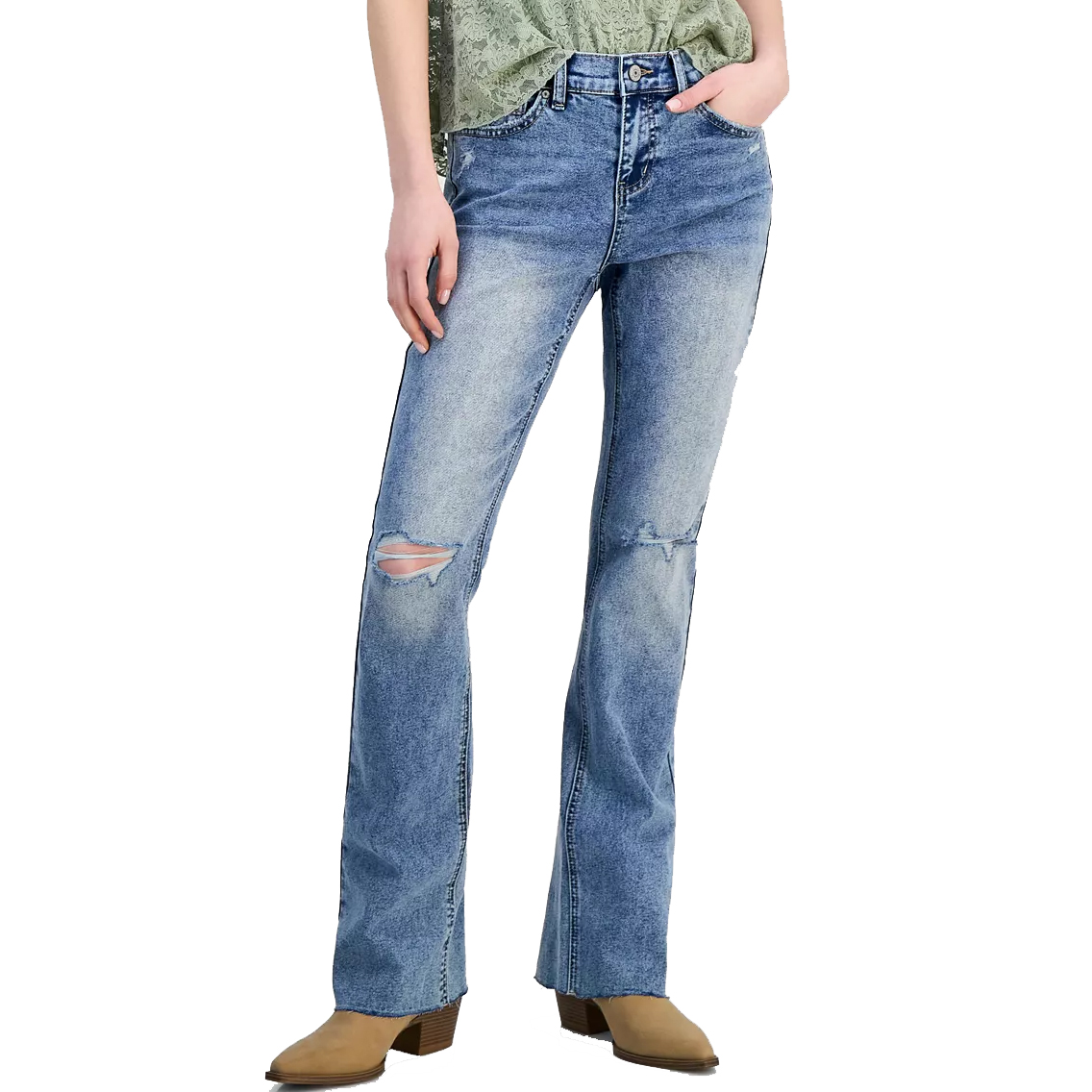 Blue distressed bootcut jeans paired with light brown ankle boots.