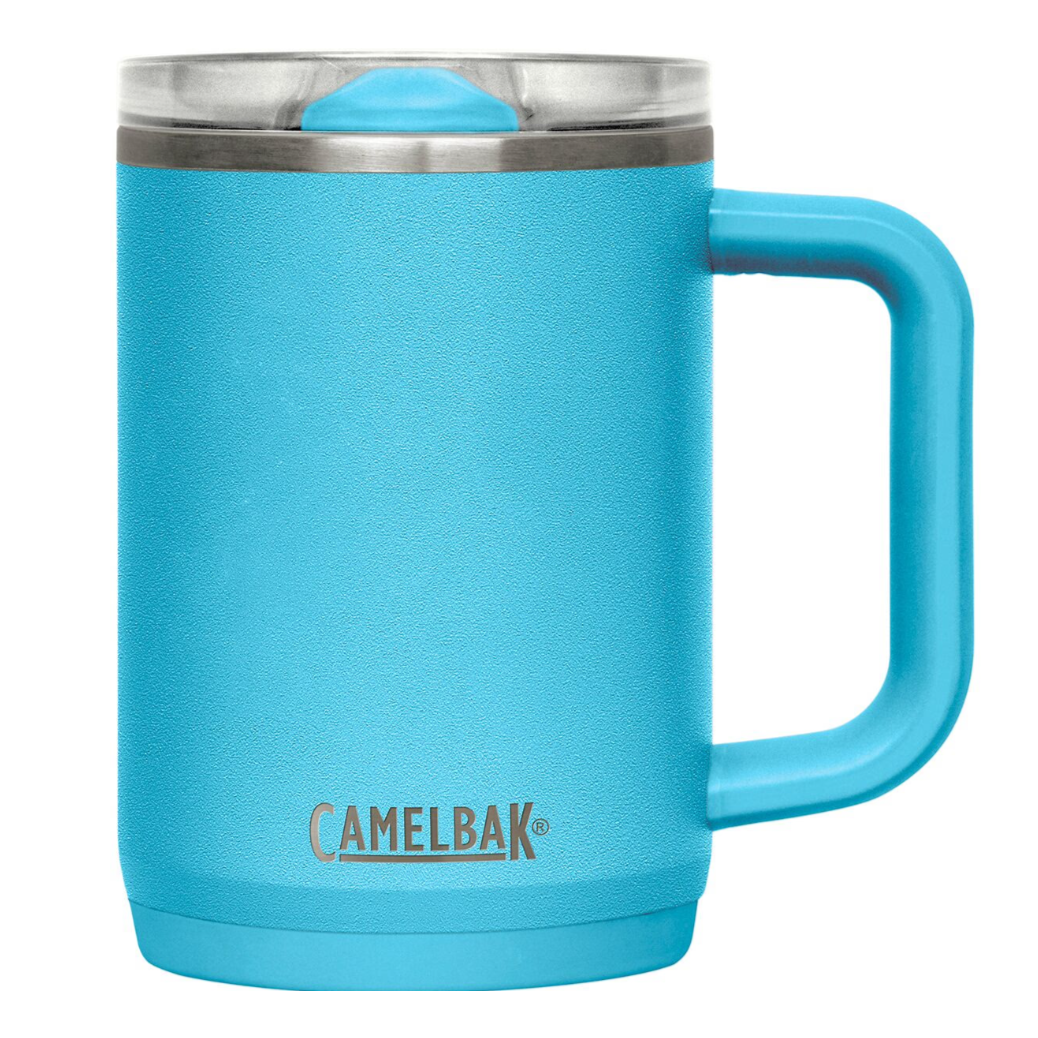 A blue CamelBak insulated mug with a handle and stainless steel rim, designed for keeping beverages hot or cold.
