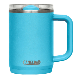 A blue CamelBak insulated mug with a handle and stainless steel rim, designed for keeping beverages hot or cold.
