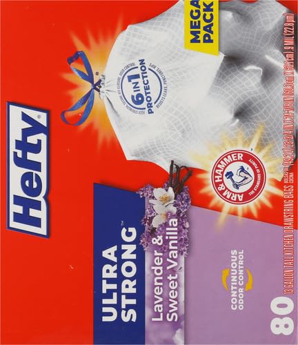 A package of 80 count Hefty Ultra-Strong Trash Bags with Lavender & Sweet Vanilla scent, featuring a red and purple design and Arm & Hammer odor control.