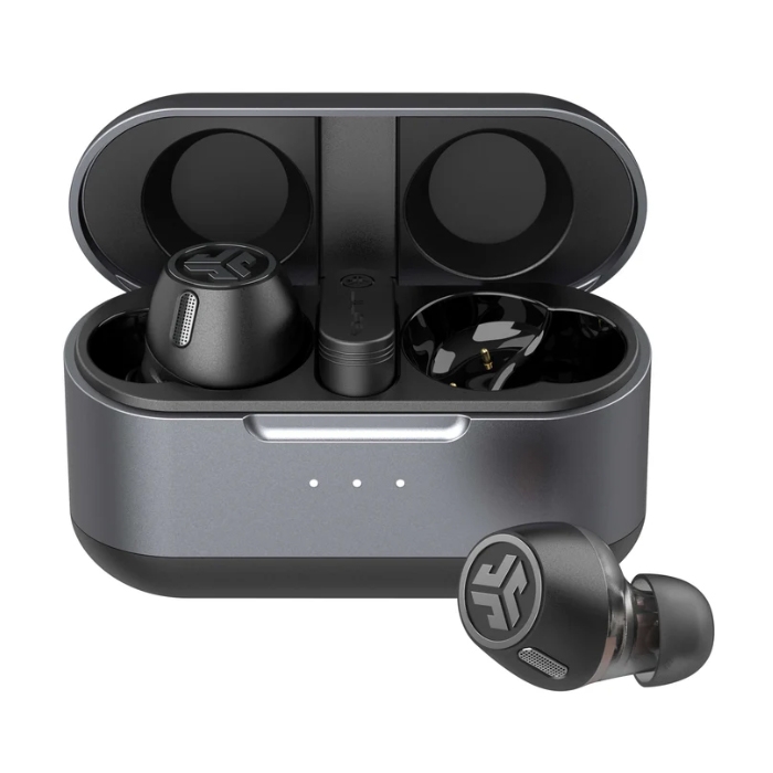 The JLab Epic Lab ANC Earbuds are true wireless earbuds with active noise cancellation, featuring a sleek black design, a compact charging case with LED indicators, and ear tips for secure fit.
