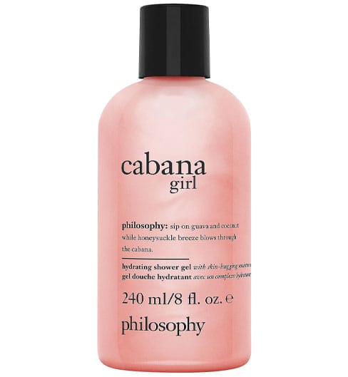 Philosophy Cabana Girl hydrating shower gel, 240 ml/8 fl. oz., with a guava and coconut scent, described as evoking a honeysuckle breeze.