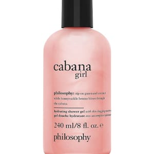 Philosophy Cabana Girl hydrating shower gel, 240 ml/8 fl. oz., with a guava and coconut scent, described as evoking a honeysuckle breeze.