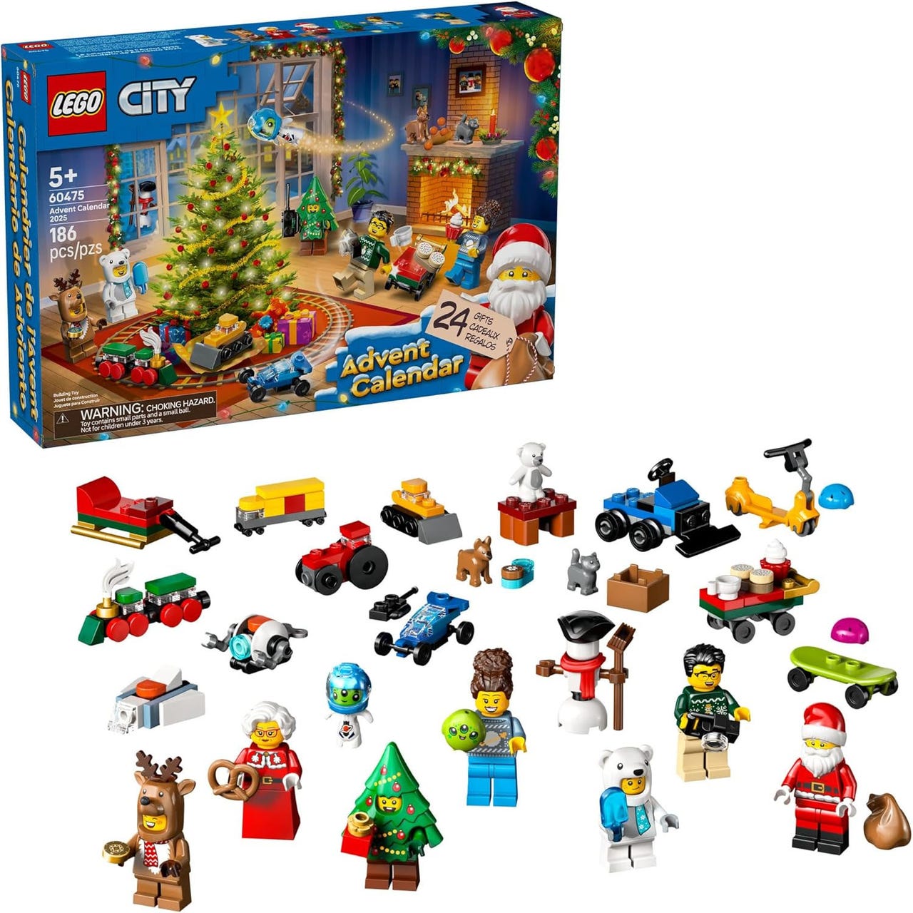 LEGO City Advent Calendar 2020 (Set 60268) contains 24 gifts, including mini builds like a train, sleigh, and figures dressed as a reindeer, tree, and Santa, with a total of 186 pieces. Suitable for ages 5 and up.