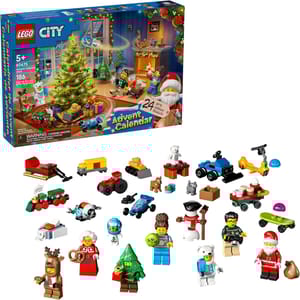 LEGO City Advent Calendar 2020 (Set 60268) contains 24 gifts, including mini builds like a train, sleigh, and figures dressed as a reindeer, tree, and Santa, with a total of 186 pieces. Suitable for ages 5 and up.