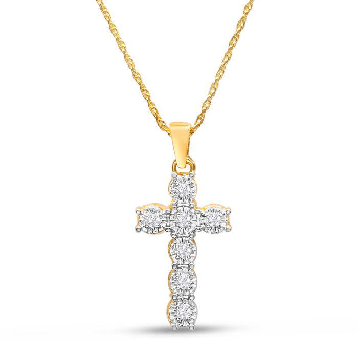 A gold chain with a pendant shaped in the form of a cross, adorned with diamonds for a sparkling effect.