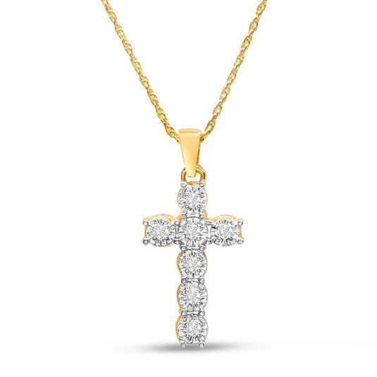 A gold chain with a pendant shaped in the form of a cross, adorned with diamonds for a sparkling effect.