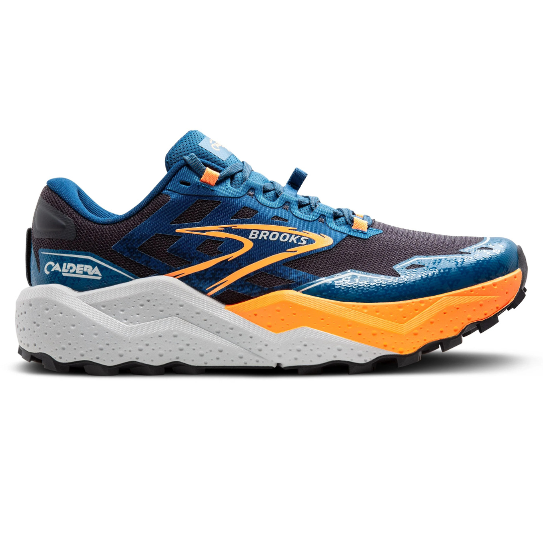 Trail running shoe featuring a blue mesh upper with orange and white accents, branded \“Brooks\“ and \“Caldera.\“