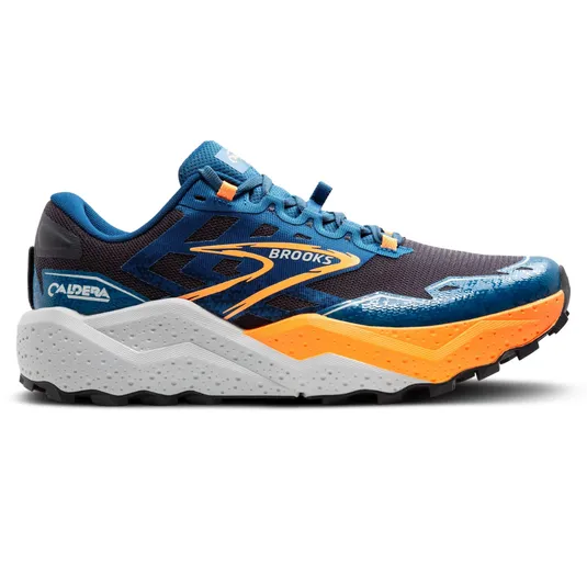 Trail running shoe featuring a blue mesh upper with orange and white accents, branded \“Brooks\“ and \“Caldera.\“